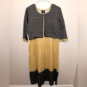 Diya Woman’s Indian Maxi Dress Long Sleeve Yellow And Gray Size XL EUC